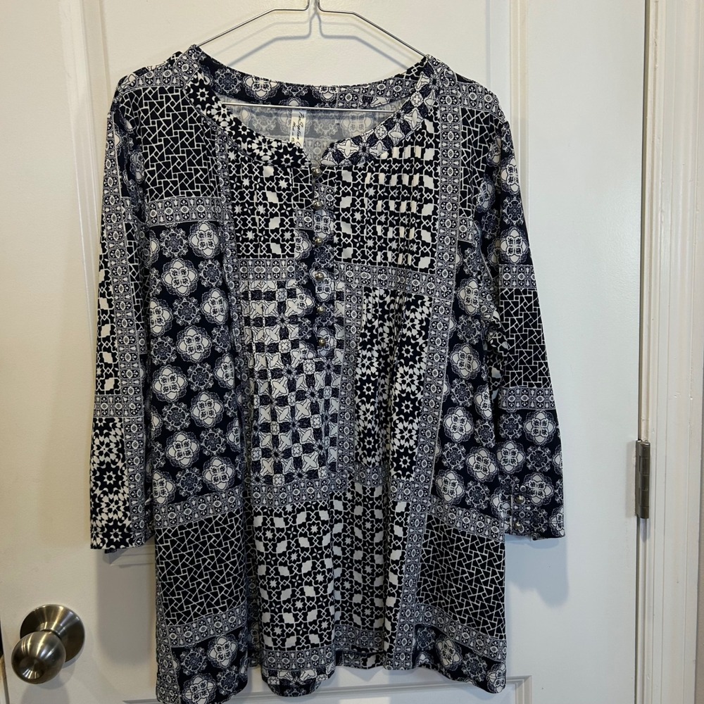 Perception Concept Women Tunic Top Patchwork Print 3/4 Sleeve Navy White XL